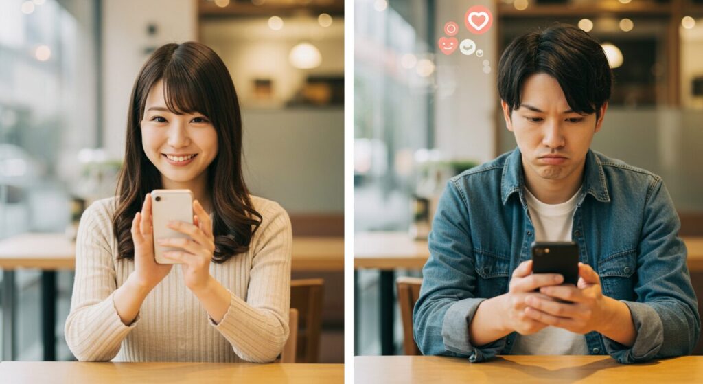 別々の場所でラインしている男女