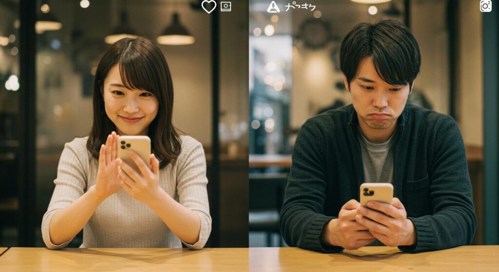 楽しそうにラインしている男女