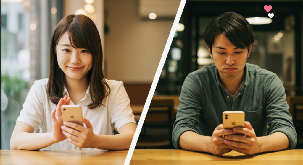 楽しそうにラインしている男女