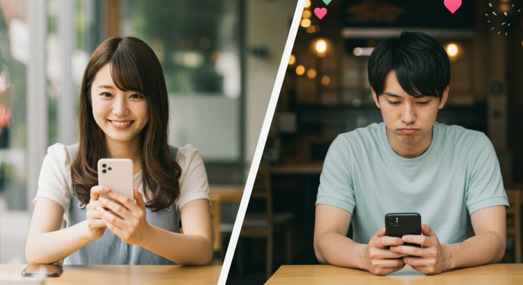 スマホを見て悩む男女