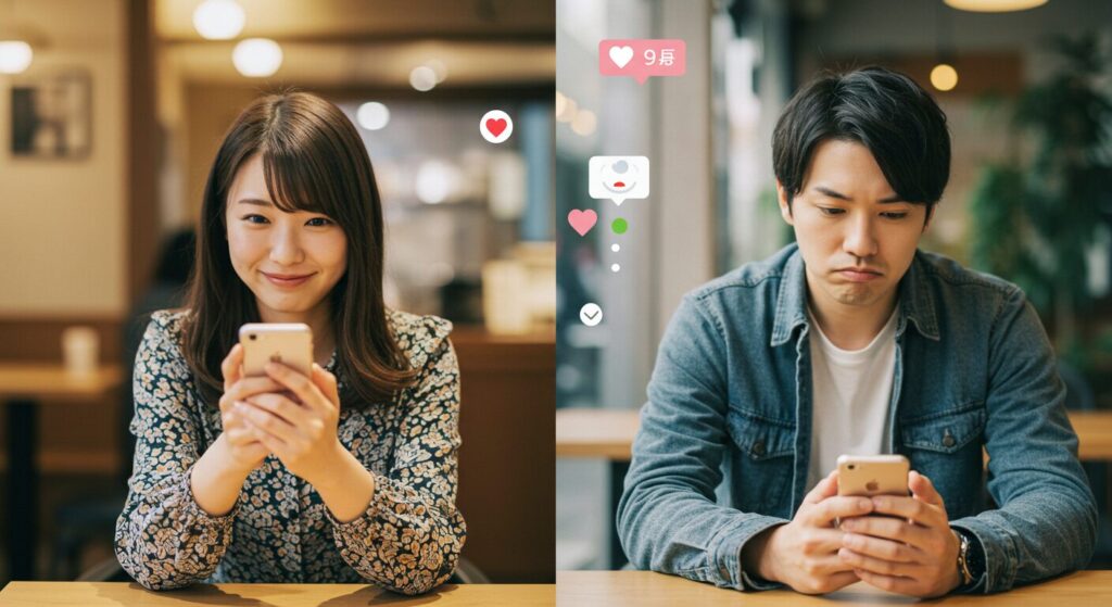 ラインで相談している男女