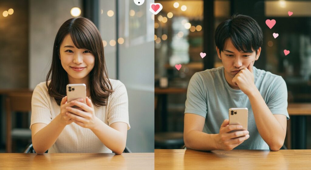 ラインで相談している男女