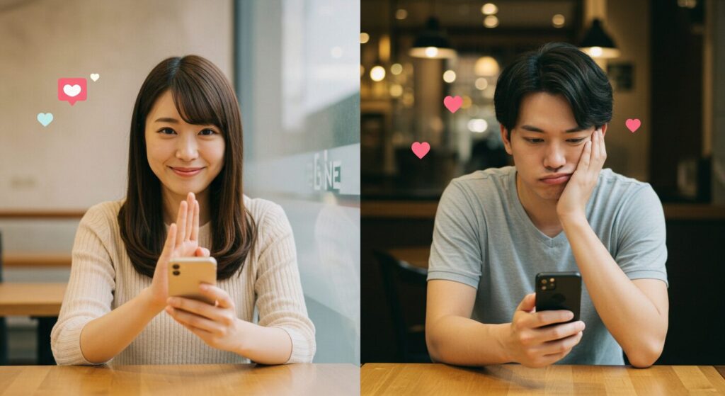 ラインで相談している男女