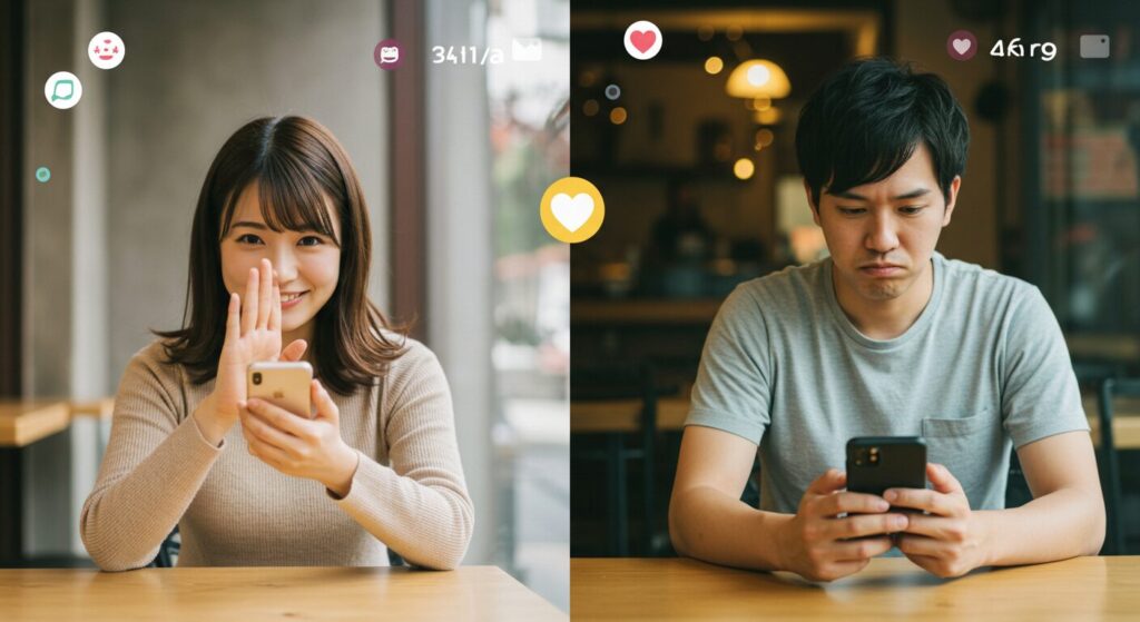 スマホを見て悩んでいる男女