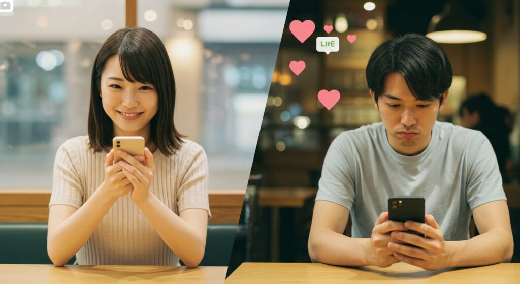 スマホを見て悩んでいる男女