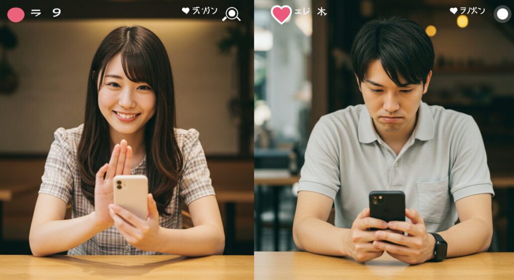 別々の場所でラインしている男女