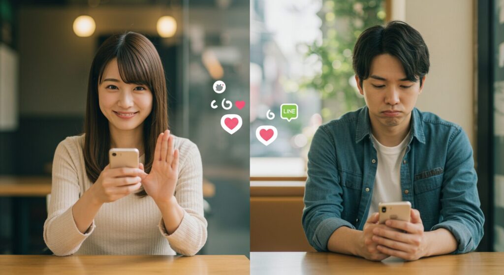 スマホを見て悩んでいる男女