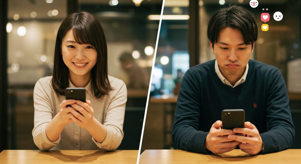 スマホを見て悩んでいる男女