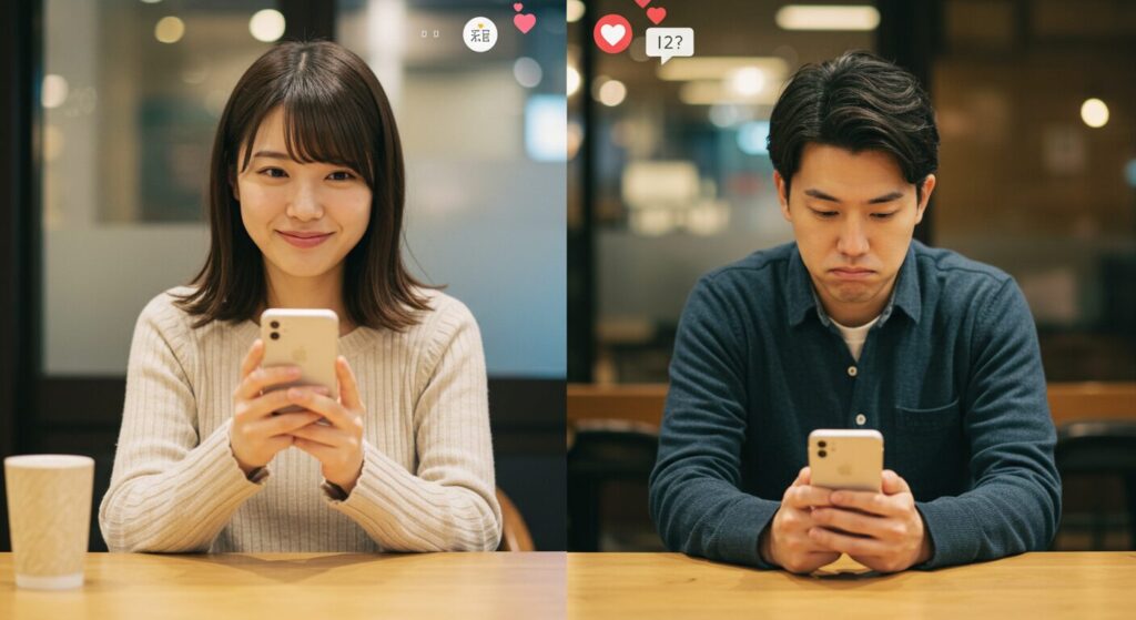 スマホを見て悩んでいる男女