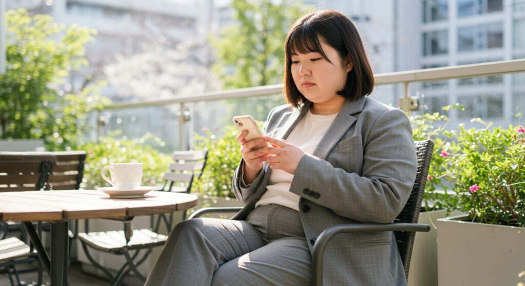 スマホを見て悩んでいる女性