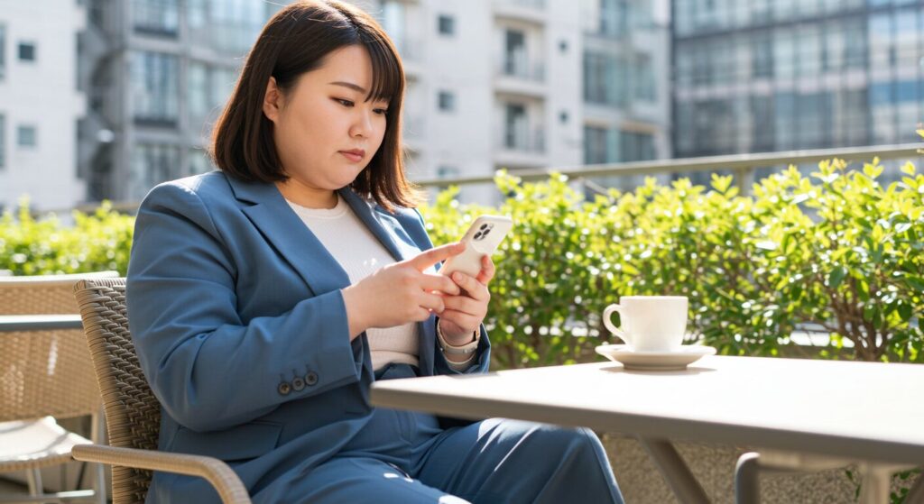 スマホを見て悩んでいる女性