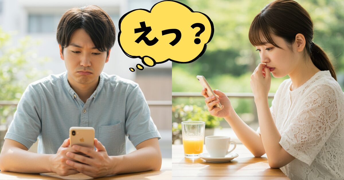 スマホを見て悩んでいる男女