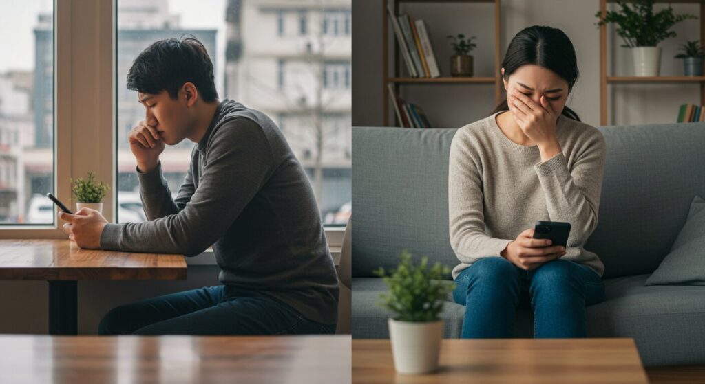 スマホを見て悩んでいる男女