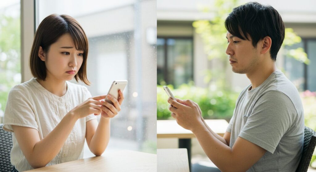 スマホを見て悩んでいる男女
