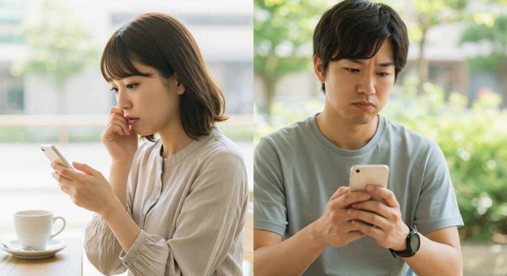 スマホを見て悩んでいる男女