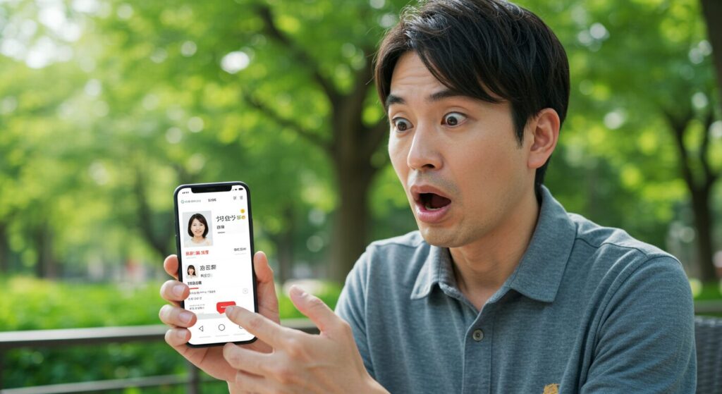 スマホを見て驚く男性