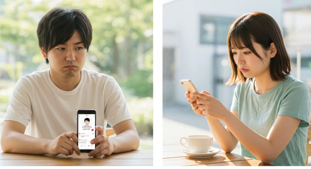 スマホを見て悩んでいる男女