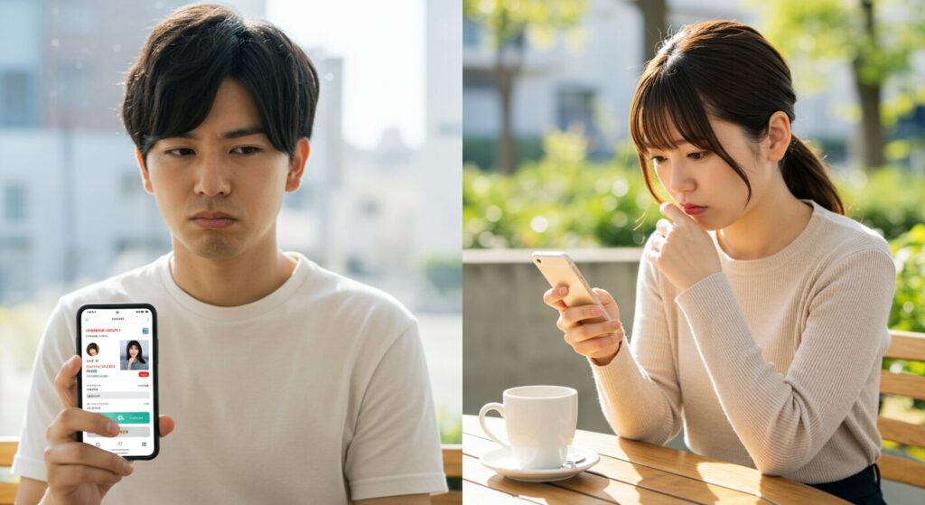 スマホを見て悩んでいる男女