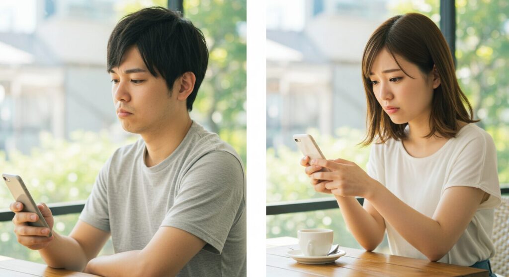 スマホを見て悩んでいる男女