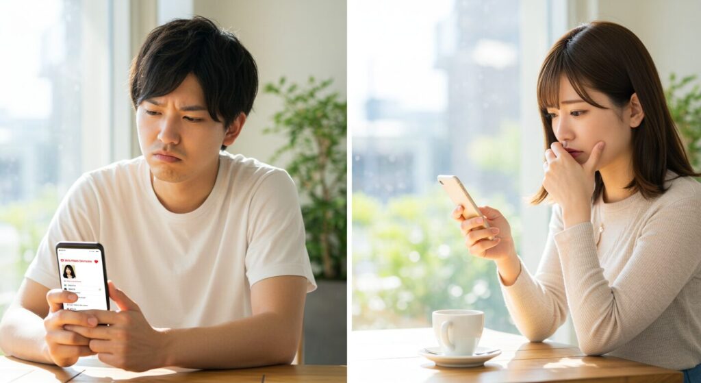 スマホを見て悩んでいる男女