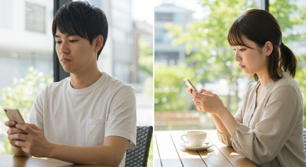 スマホを見て悩んでいる男女