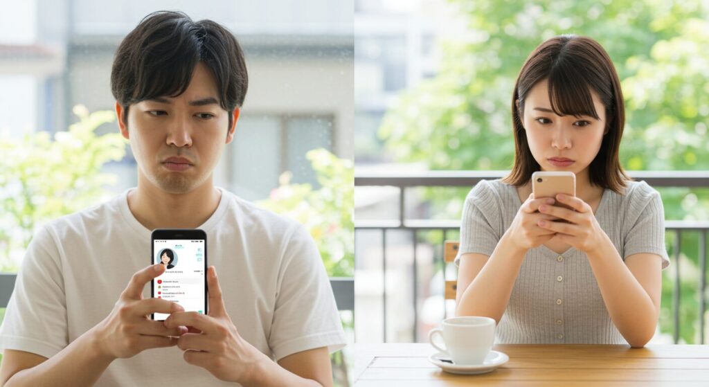 スマホを見て悩んでいる男女