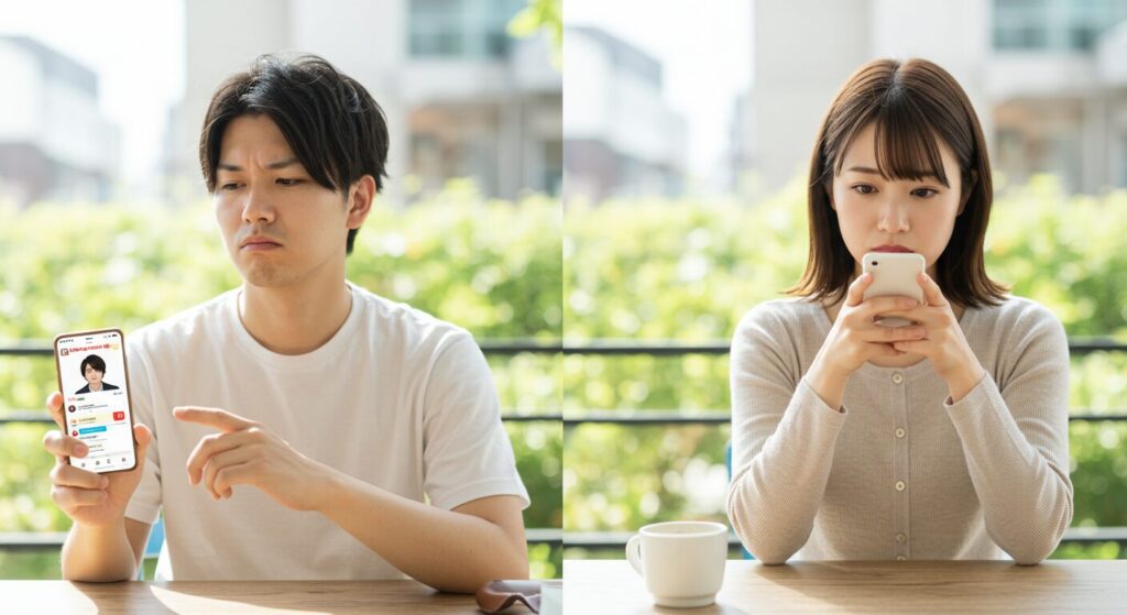 スマホ見て悩む男女