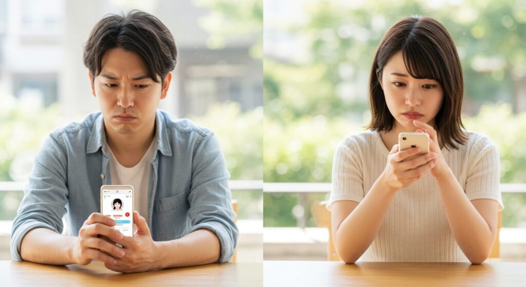 スマホを見てがっかりしている男女