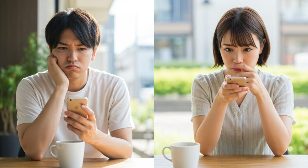 スマホを見てがっかりしている男女