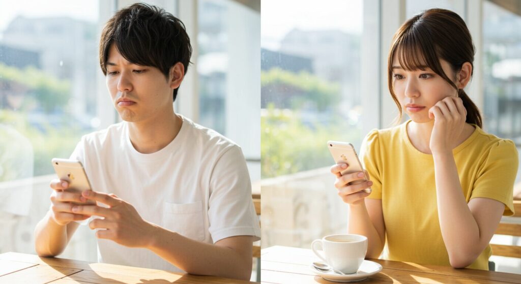 スマホを見て悩んでいる男女