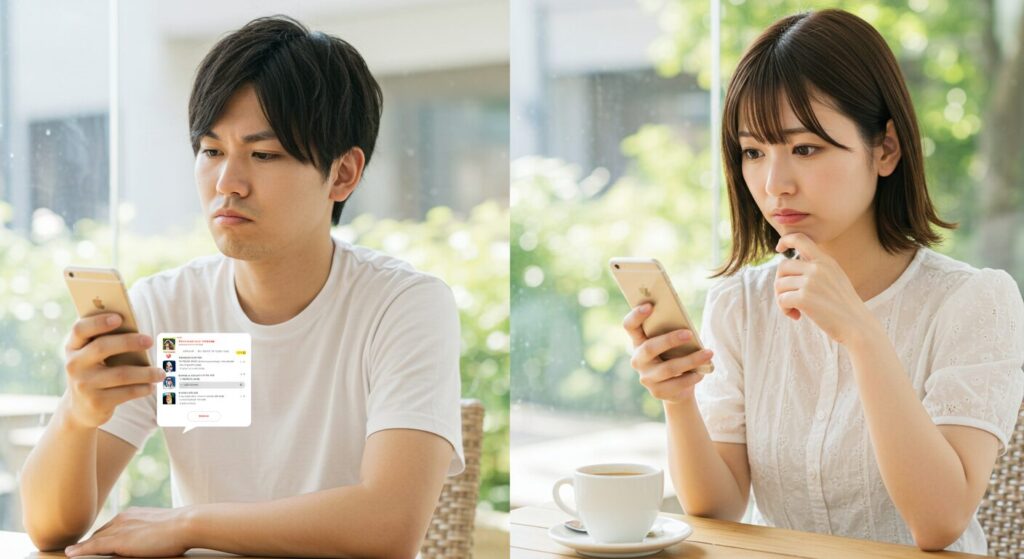 スマホを見て悩んでいる男女