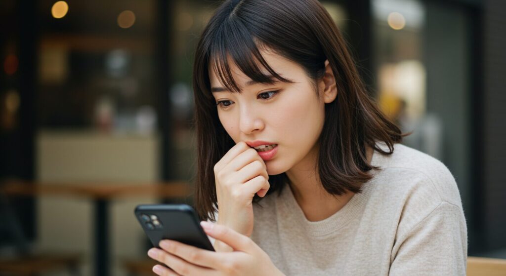 スマホを見て悩んでいる女