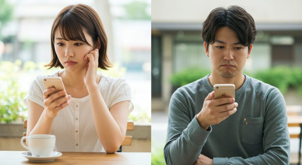 スマホを見て悩んでいる男女