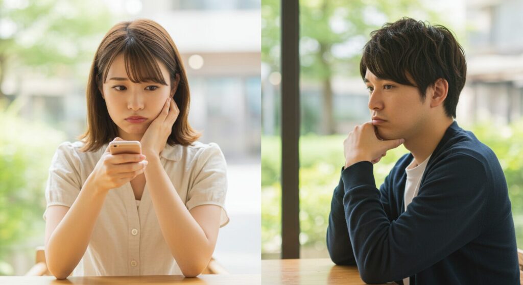 スマホを見て悩んでいる男女