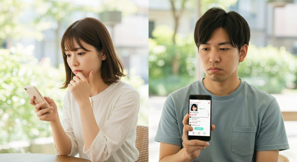 スマホを見て悩んでいる男女