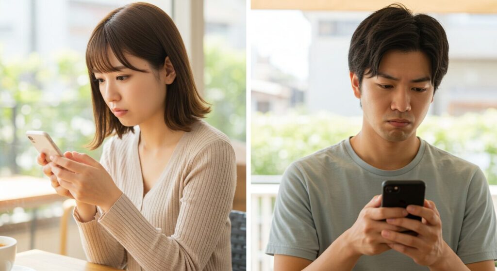 スマホを見て悩んでいる男女