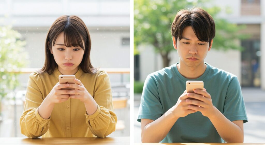 スマホを見て悩んでいる男女