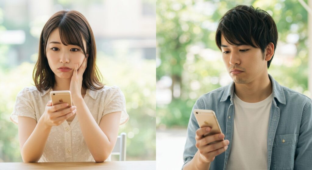 スマホを見てがっかりしている男女