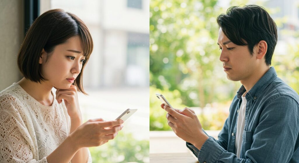 スマホ見て悩む男女