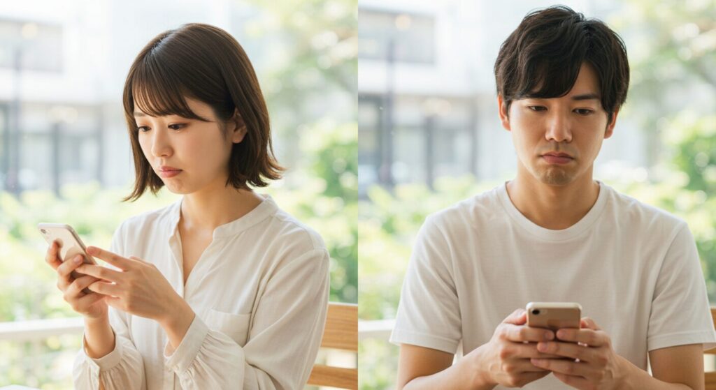 スマホを見てがっかりしている男女