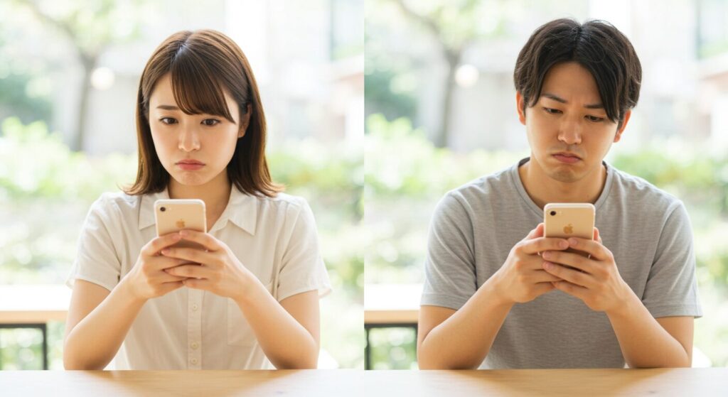 スマホを見て悩んでいる男女