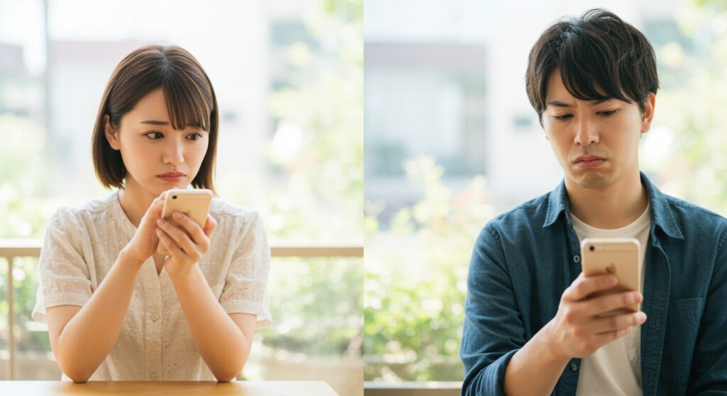スマホを見て悩んでいる男女