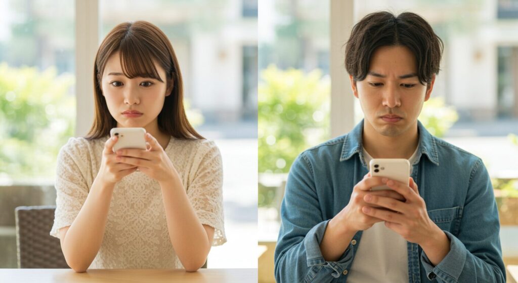 スマホを見て悩んでいる男女