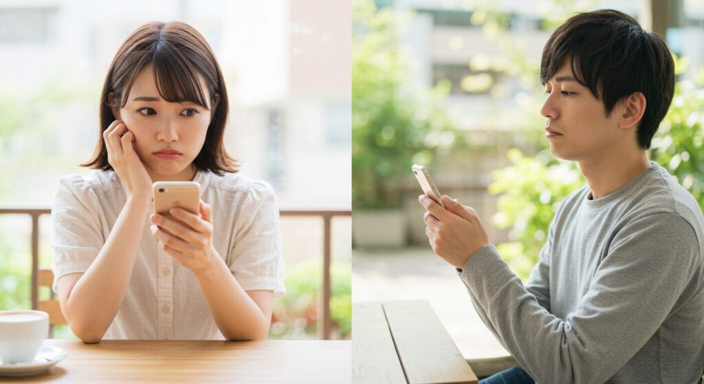 スマホを見て悩んでいる男女