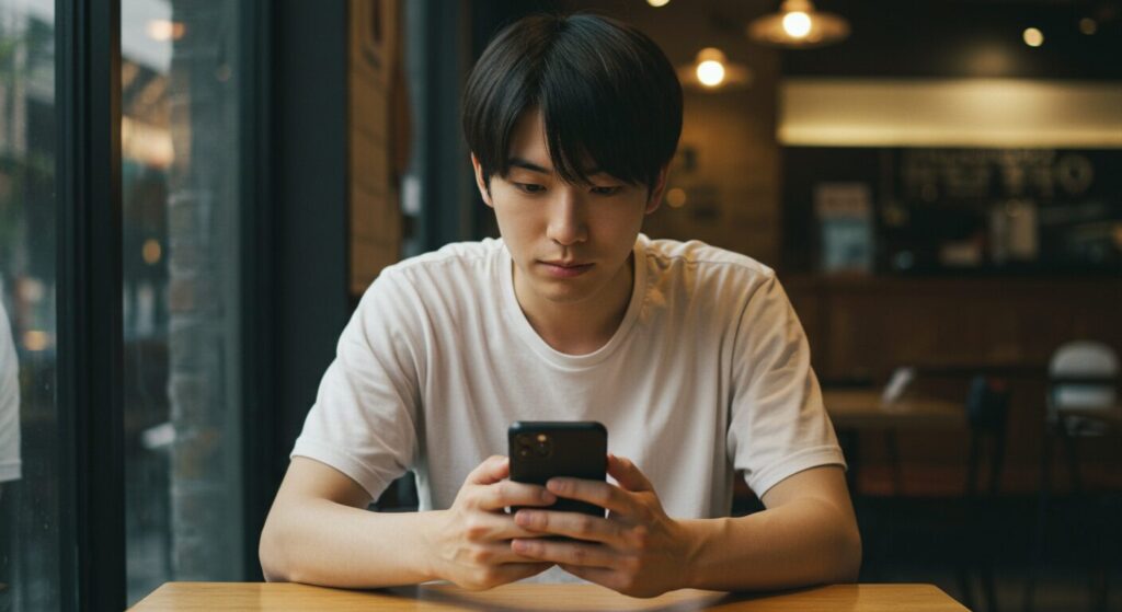 スマホを見て困っている