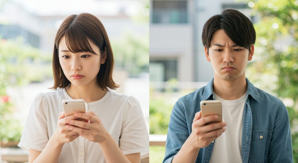 スマホを見て困っている