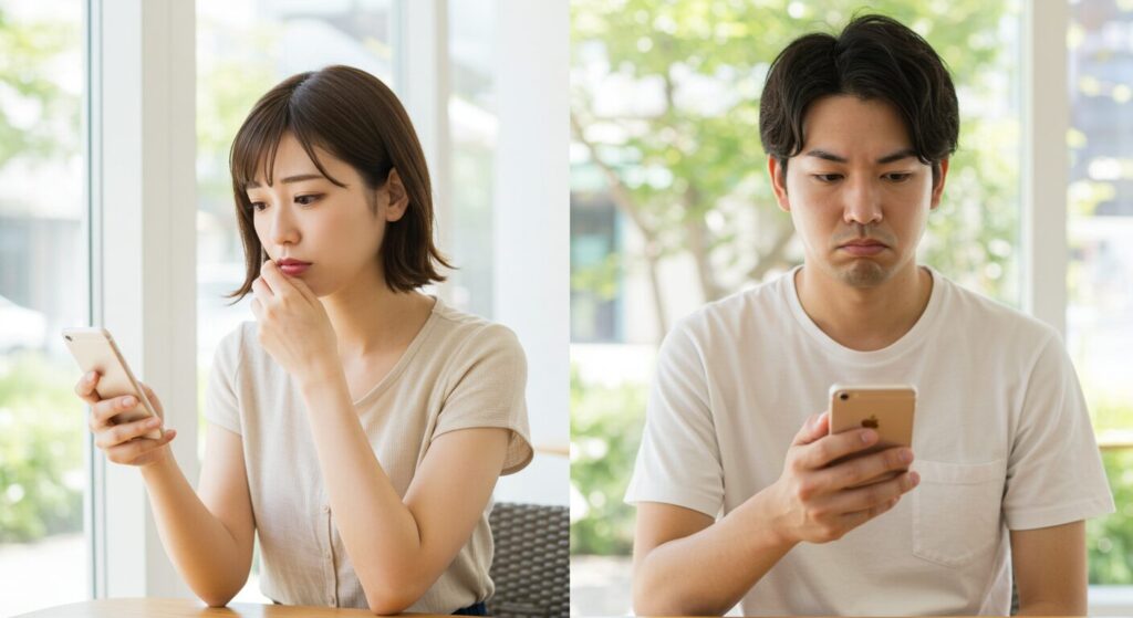 スマホを見て困っている