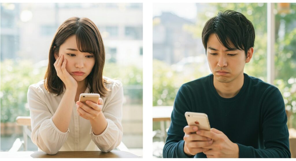 スマホでメールのやりとりする男女