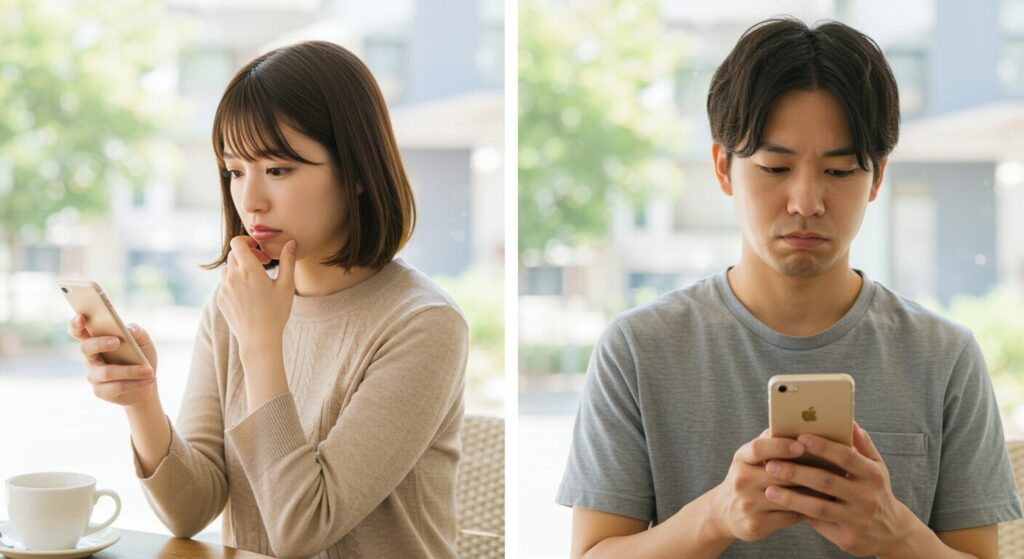 スマホでメールのやりとりする男女