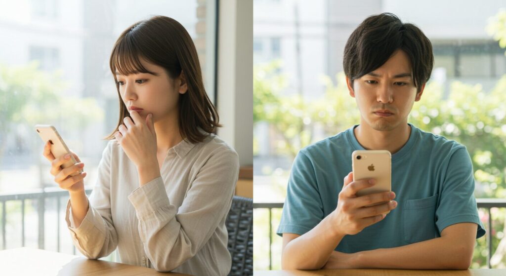 スマホでメールのやりとりする男女